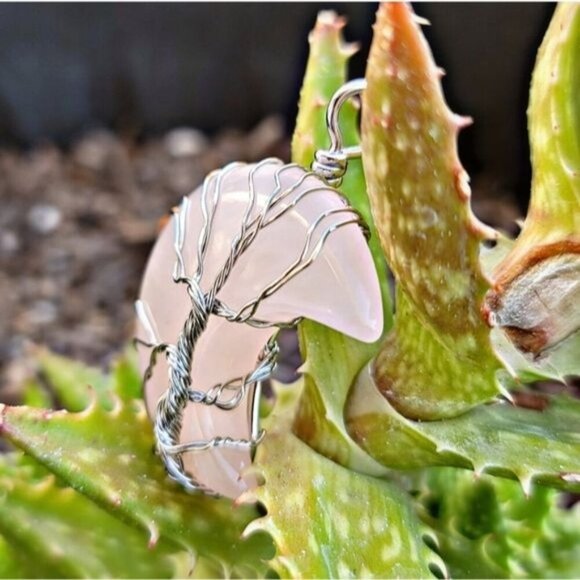 Rose Quartz ✦ Moon Crystal Necklace ✦ Wire‑Wrapped Tree of Life Pendant NWT - Picture 5 of 11